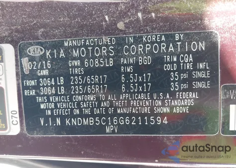 2016 Kia Sedona Lx z USA, uszkodzony, nr VIN KNDMB5C16G6211594